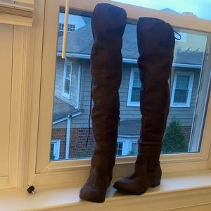 Thigh high suede grey boots